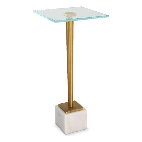 Accent Table- 11 Inch Square Glass Top- White Marble- Retro Brass