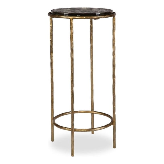 Accent Table- 12 Inch Round Recycled Glass Top- Gold Iron Frame