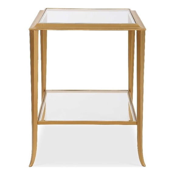 Accent Table- 18 Inch Glass Top- Bottom Open Shelf- Gold Leaf Iron