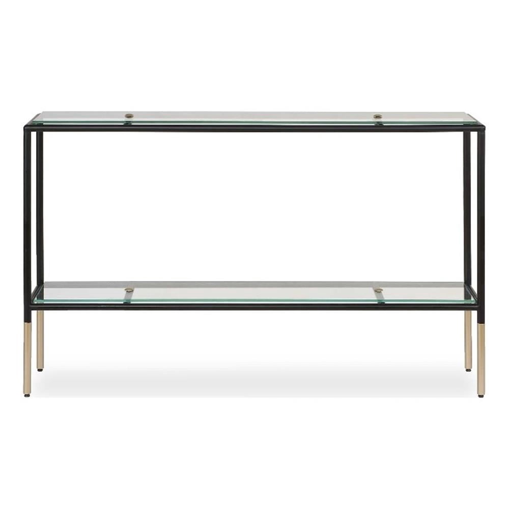 Sofa Console Table- 48 Inch Glass Top- 1 Shelf- Modern Black Iron ...