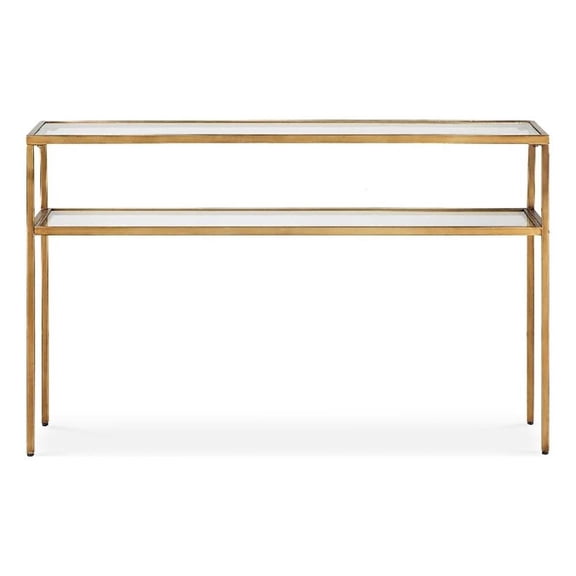 Sofa Console Table w Open Shelf- 48 Inch Glass Top- Gold Iron