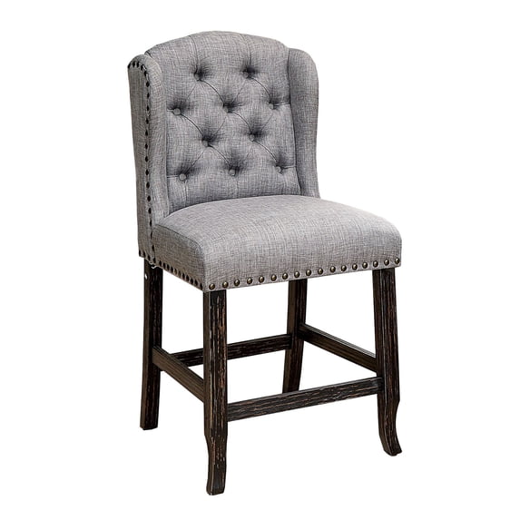 Wingback Fabric Counter Height Chair with Button Tufting, Set of 2, Gray- Saltoro Sherpi