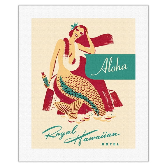 Royal Hawaiian Hotel - Mermaid with Sun Tan Oil Shops & Services - Vintage Travel Poster c.1950s - Fine Art Rolled Canvas Print (Unframed) 16in x 20in
