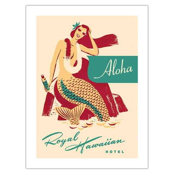 Royal Hawaiian Hotel - Mermaid with Sun Tan Oil Shops & Services - Vintage Travel Poster c.1950s - Fine Art Matte Paper Print (Unframed) 24x32in