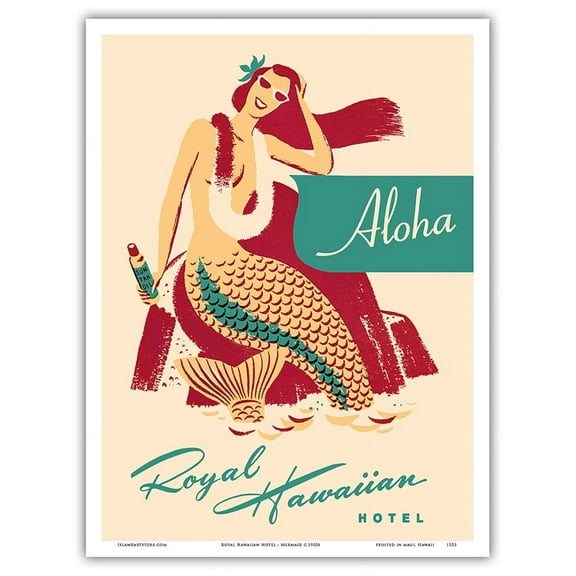 Royal Hawaiian Hotel - Mermaid with Sun Tan Oil Shops & Services - Vintage Travel Poster c.1950s - Master Art Print (Unframed) 9in x 12in