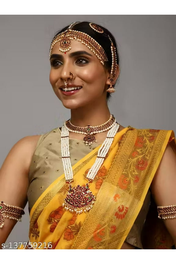 Royal Heritage Bridal Jewelry Set Traditional Temple Design with Red & Green Stones Wedding South Indian Fashion Jewellery For Asian Gift