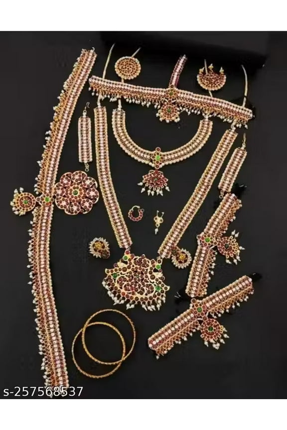 Royal Heritage Bridal Jewelry Set Traditional Temple Design with Red & Green Stones Wedding South Indian Fashion Jewellery For Asian Gift