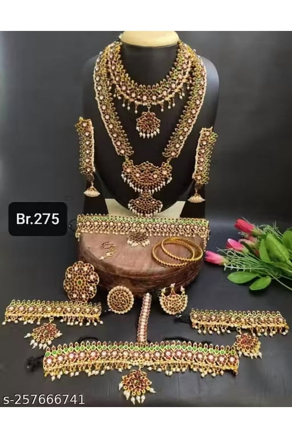 Royal Heritage Bridal Jewelry Set Traditional Temple Design with Red & Green Stones Wedding South Indian Fashion Jewellery For Asian Gift