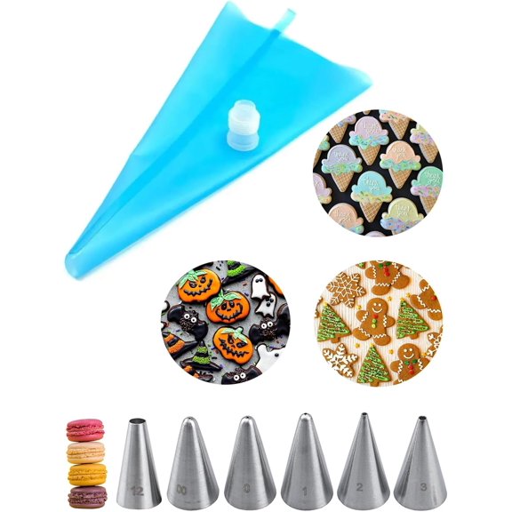 Royal Icing Piping Bags and Tips Set with 6 Small Piping Tip for Writing,Sugar Cookie Decorating,Macarons,1 Reusable Icing Bag & Coupler