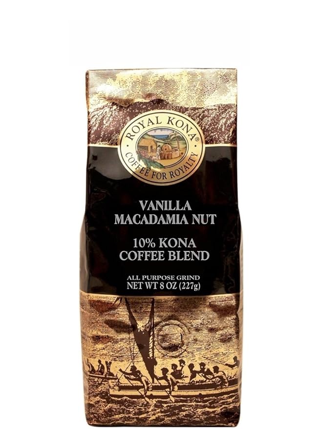 Royal Kona 10 Kona Coffee Blend, Vanilla Macadamia Flavor Ground, 8 Ounce Bag