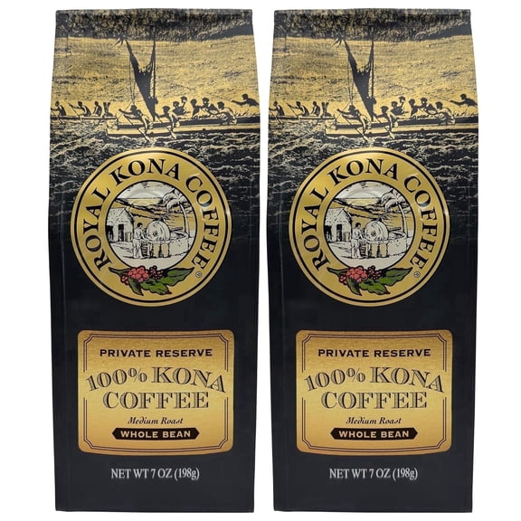 Royal Kona Coffee Medium Light Roast Whole Bean Coffee, 100% Hawaiian Kona Coffee, 7oz 2-pack