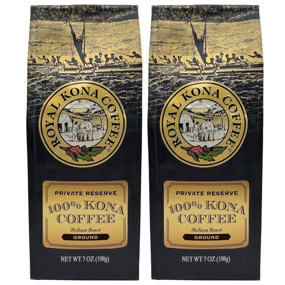 Royal Kona Coffee Medium Roast Ground Coffee, 100% Hawaiian Kona Coffee Grounds, 7oz 2-Pack.