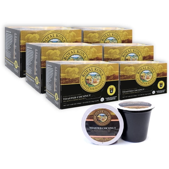 Royal Kona Coffee Toasted Coconut, 10% Kona Blend, Single-Serve Coffee Pods - 12 Count Box (Pack of Six)