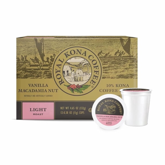 Royal Kona Coffee Light Roast Coffee Pods, Vanilla Macadamia Flavor, 12 Count