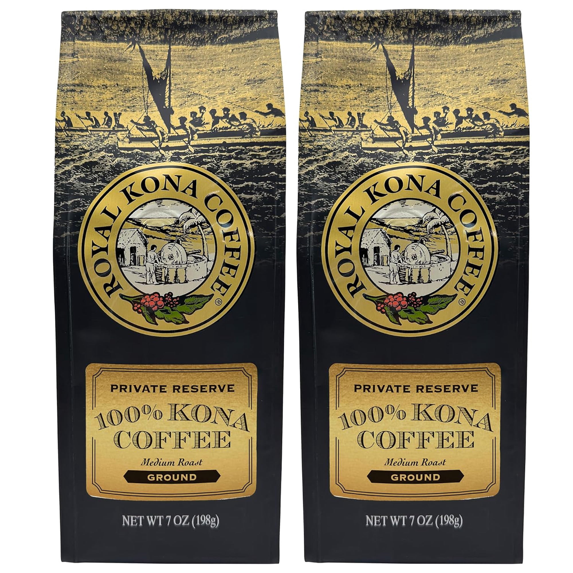Royal Kona, Naturally Processed 100% Hawaiian Kona Coffee, Medium Roast, Whole Bean, 7 Ounce Bag (Pack of Two)