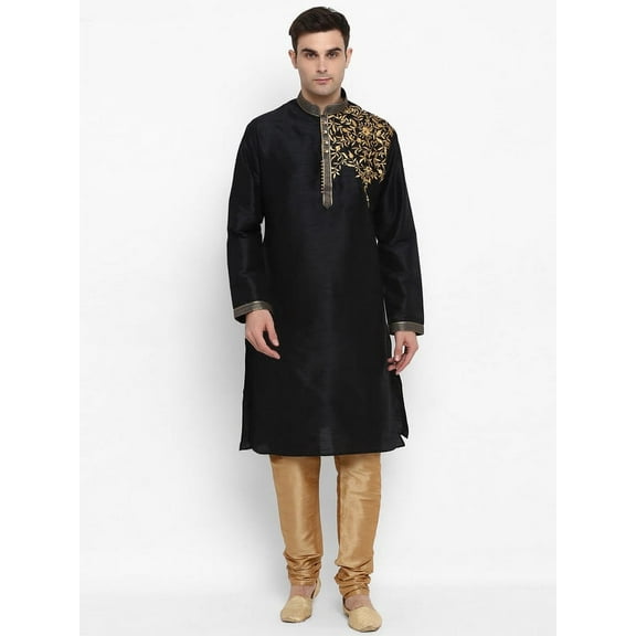 Royal Kurta Elegant Blue Silk Blend Patchwork Kurta and Black Churidaar for Men