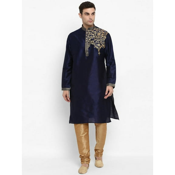 Royal Kurta Elegant Blue Silk Blend Patchwork Kurta and Cream Churidaar for Men