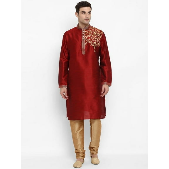 Royal Kurta Elegant Blue Silk Blend Patchwork Kurta and Maroon Churidaar for Men