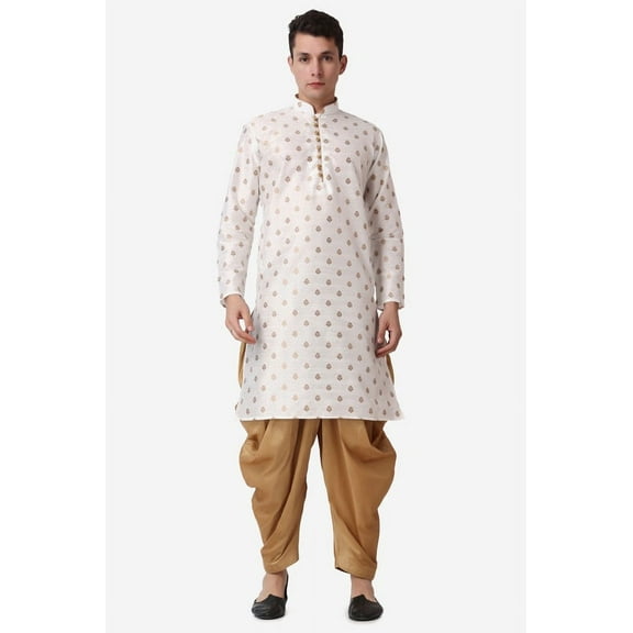 Royal Kurta Elegant Cream Jacquard Silk Printed Long Kurta and Bronze Salwar for Men