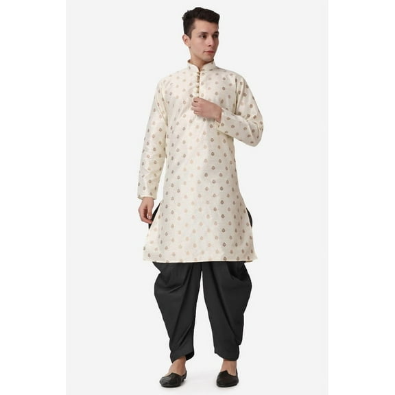 Royal Kurta Elegant Gold Jacquard Silk Printed Long Kurta and Black Salwar for Men