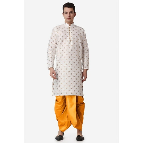 Royal Kurta Jacquard Silk Printed Cream Kurta Mustard Dhoti Set for Men