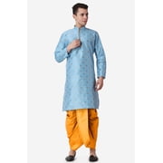 Royal Kurta Jacquard Silk Printed Firozi Kurta Mustard Dhoti Set for Men