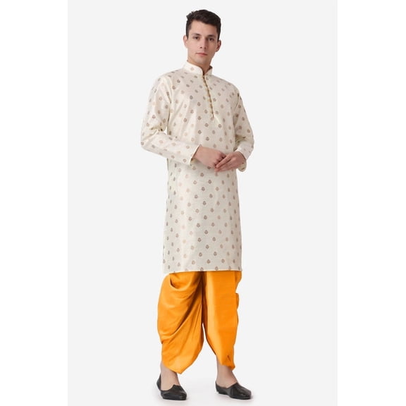 Royal Kurta Jacquard Silk Printed Gold Kurta Mustard Dhoti Set for Men