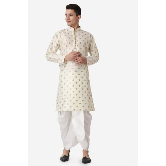 Royal Kurta Jacquard Silk Printed Gold Kurta White Dhoti Set for Men
