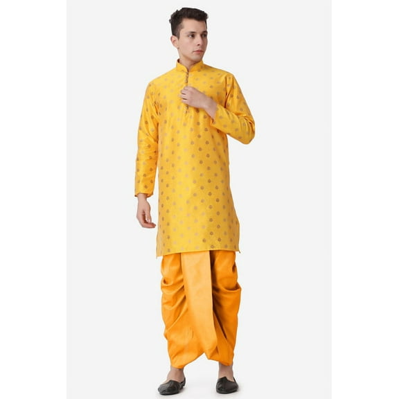 Royal Kurta Jacquard Silk Printed Mustard Kurta Mustard Dhoti Set for Men