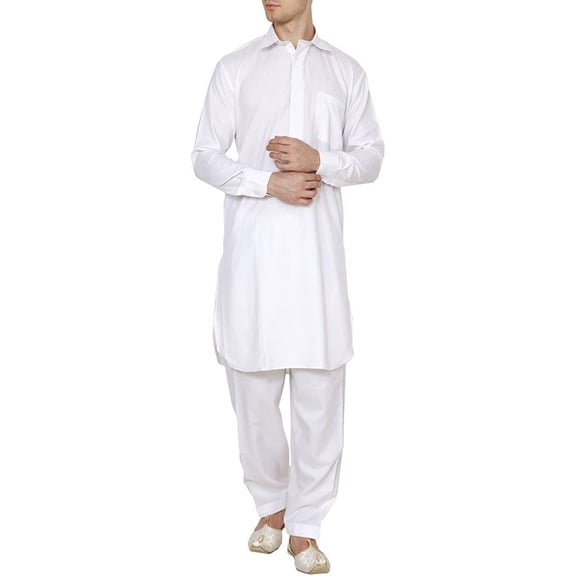 Royal Kurta Men's Cotton Blend Pathani Kurta Salwar White