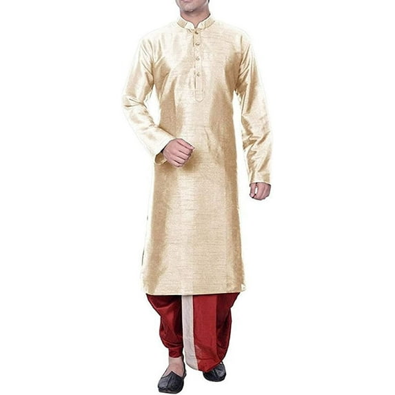 Royal Kurta Men's Cotton Silk Dhoti Kurta Set (38, Beige-Maroon)