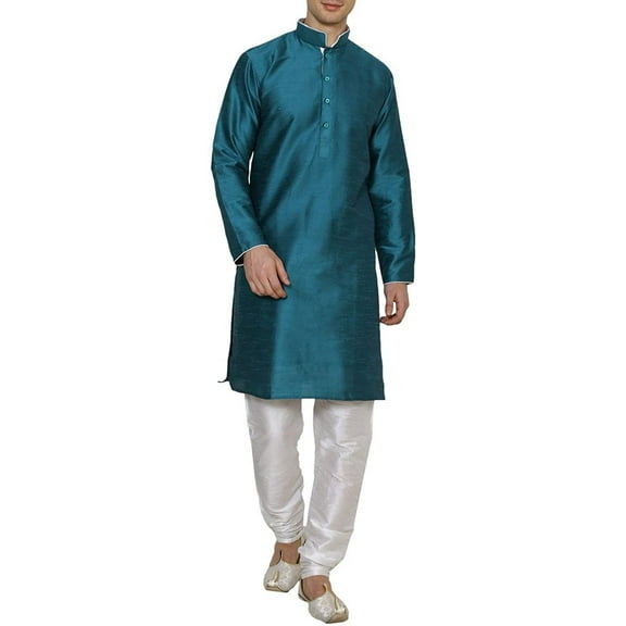 Royal Kurta Men's Dupion Silk Contrast Piping Kurta Churidar Turquoise