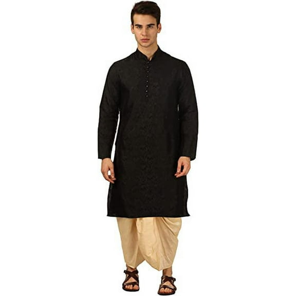 Royal Kurta Men's Jacquard Silk Dhoti Kurta (42, Black)