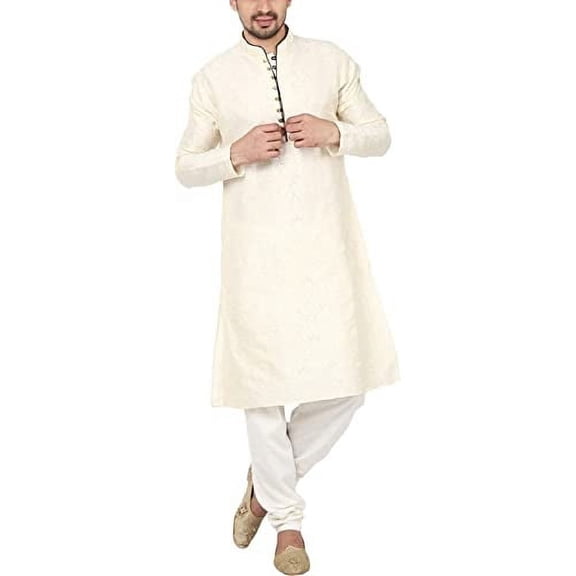 Royal Kurta Men's Jacquard Silk Floral Kurta Pyjama Beige