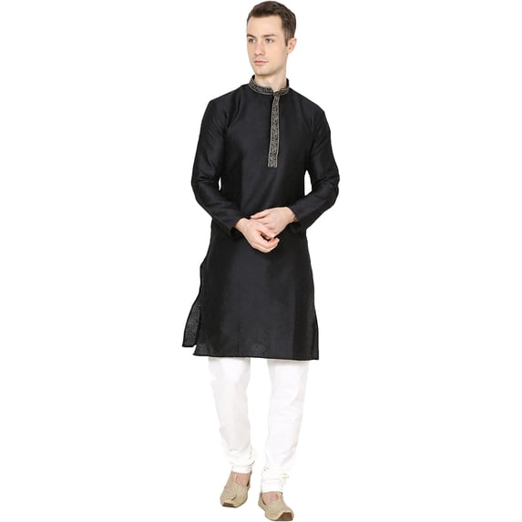 Royal Kurta Mens Jacquard Silk Embroidered Kurta Churidar (40, Black)