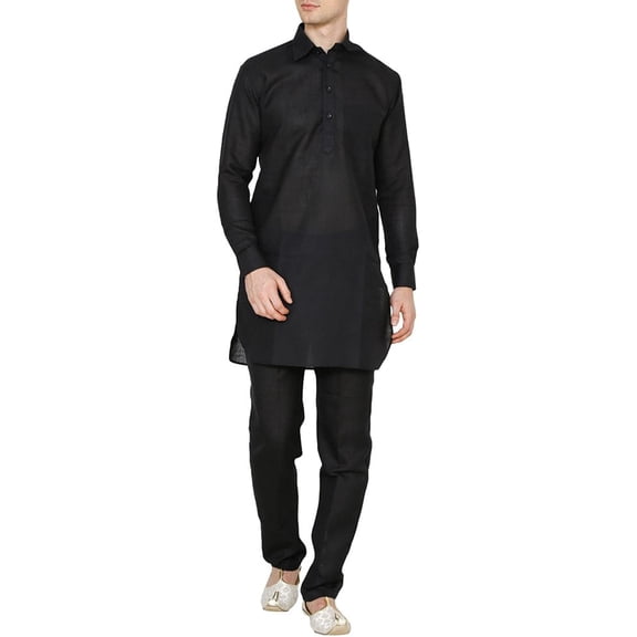 Royal Kurta Men's Linen Pathani Kurta Pyjama Black