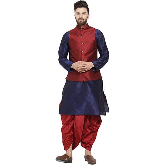Royal Kurta Men's Silk Blend Kurta Dhoti & Nehru Jacket Set (38, Maroon-Navy)