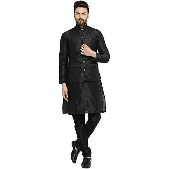 Royal Kurta Men's Silk Blend Kurta Pyjama & Nehru Jacket Set (38, Black)