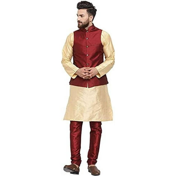 Royal Kurta Men's Silk Blend Kurta Pyjama & Nehru Jacket Set (38, Gold-Maroon)