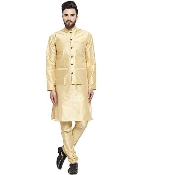 Royal Kurta Men's Silk Blend Kurta Pyjama & Nehru Jacket Set (40, Gold)