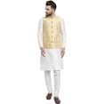 thumbnail image 1 of Royal Kurta Men's Silk Blend Kurta Pyjama & Nehru Jacket Set (42, White-Gold), 1 of 1