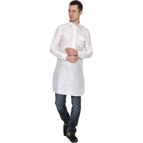 Royal Kurta Mens Cotton Silk Long Pathani Kurta (38, White)