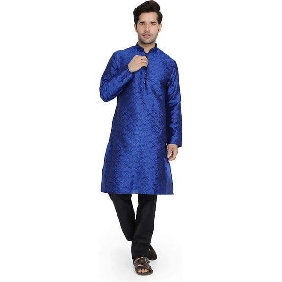 Royal Kurta Mens Printed Art Silk Kurta Pyjama Set Blue 38