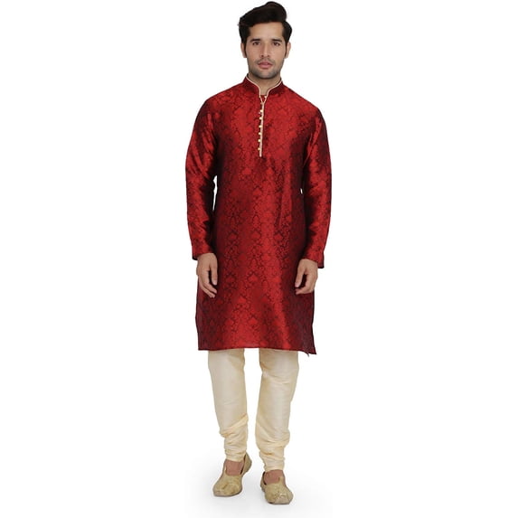 Royal Kurta Mens Printed Art Silk Kurta Pyjama Set Maroon 38