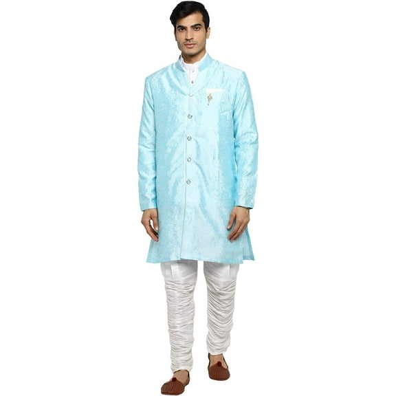 Royal Kurta Mens Silk Blend Floral Indowestern Sherwani (42, Blue)