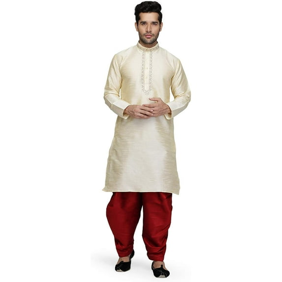 Royal Kurta Mens Silk Blend Kurta Salwar Set (40, Gold-Maroon)