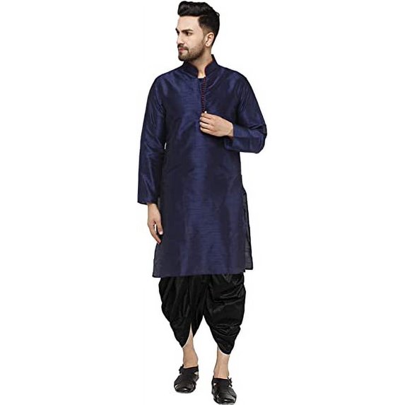 Royal Kurta Mens Silk Loop Button Dhoti Kurta (40, Navy Blue 4)