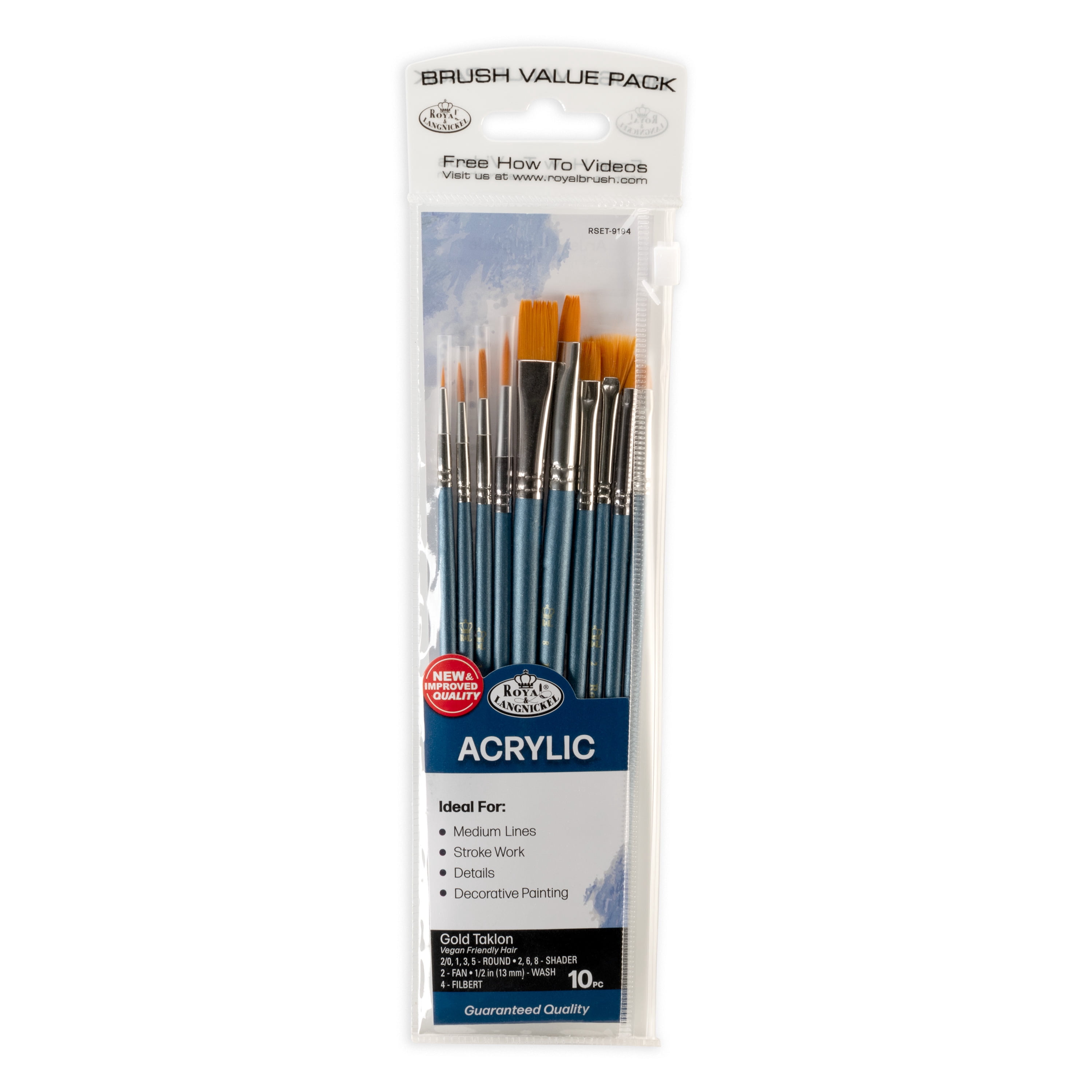 Royal & Langnickel - Assorted Shapes Gold Talkon Acrylic Art Brushes 10 Pieces