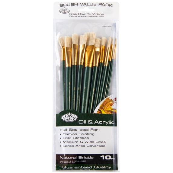 Royal & Langnickel - Assorted Shapes Natural Bristle Long Handle Acrylic and Oil Art Brushes 10 Pieces