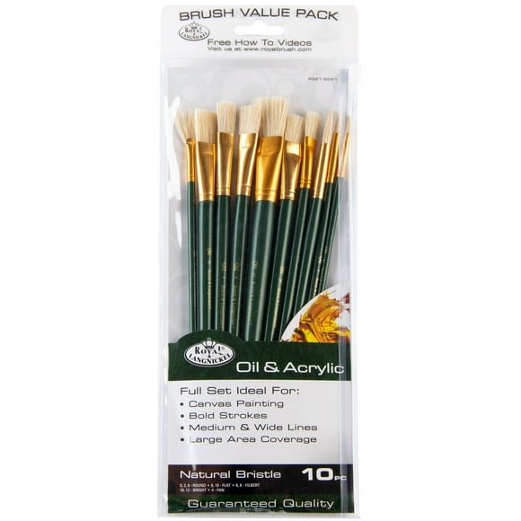 Royal & Langnickel - Assorted Shapes Natural Bristle Long Handle Acrylic and Oil Art Brushes 10 Pieces